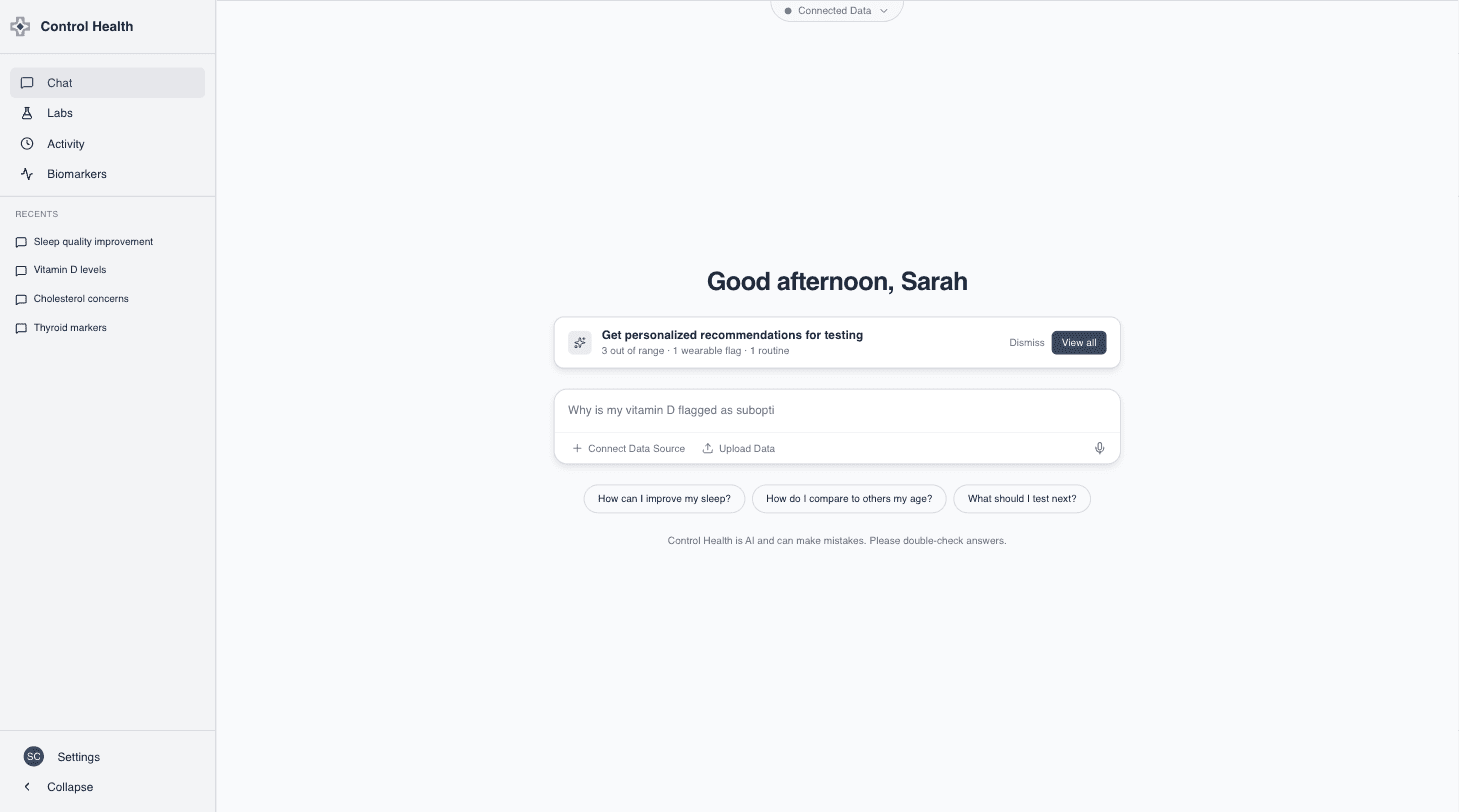 Control Health — chat dashboard with labs, activity, and biomarkers navigation