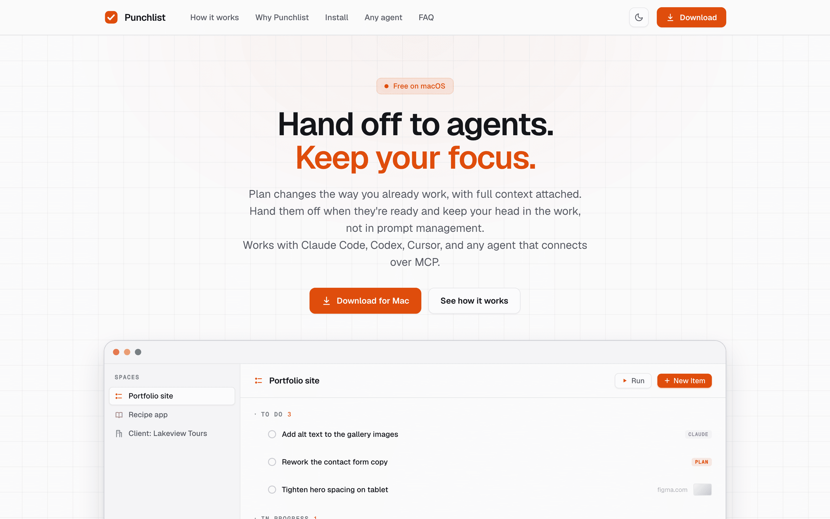 Punchlist landing page — “Hand off to agents. Keep your focus.” above a peek of the app’s capture queue