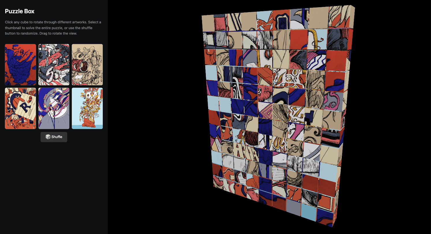 PuzzleBox — a 3D wall of shuffled art cubes with artwork thumbnails to solve
