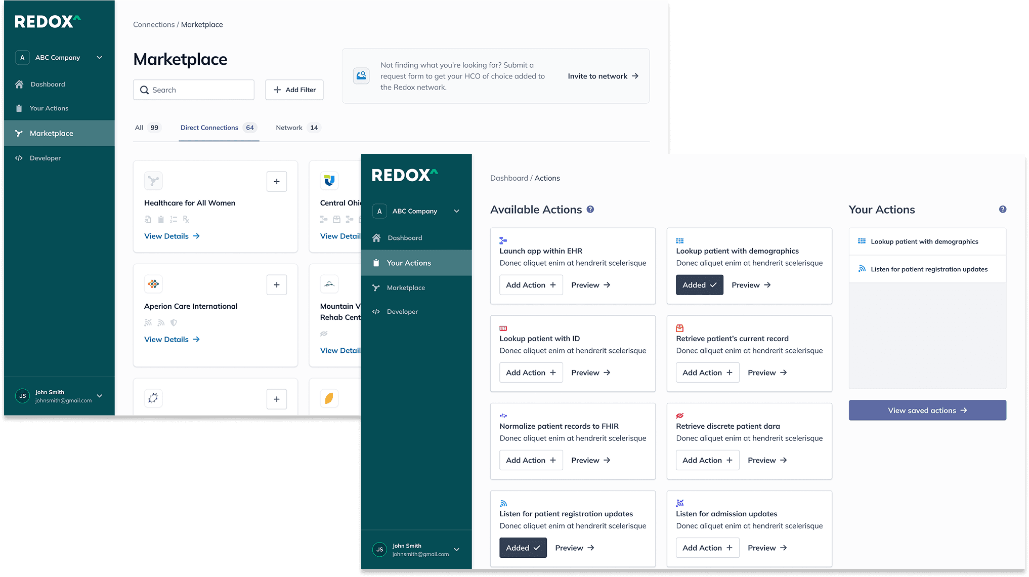 Redox platform — marketplace and actions dashboard