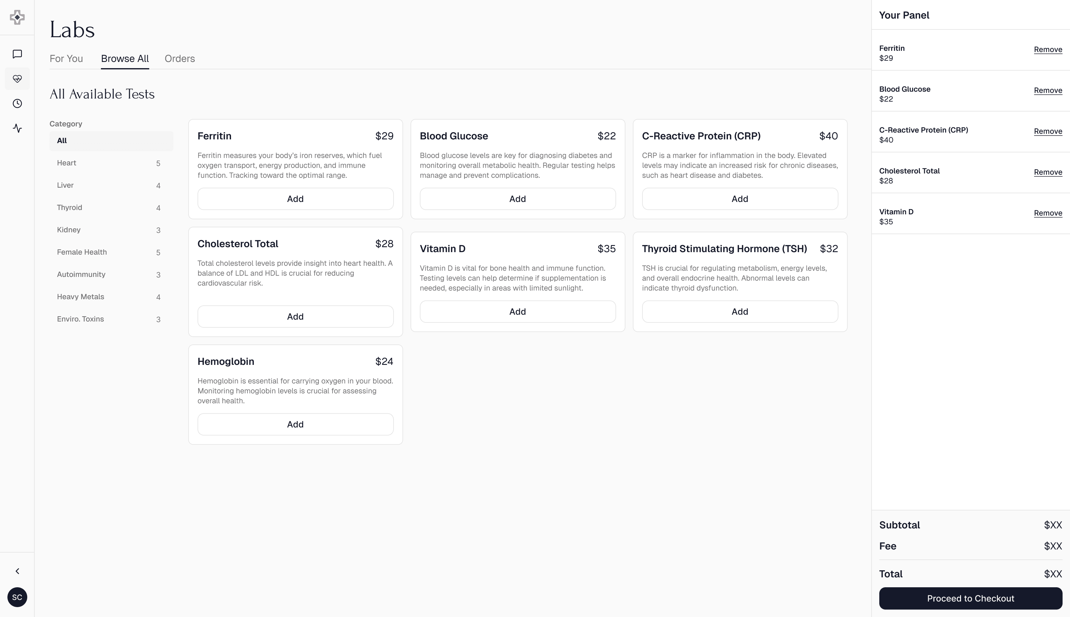 Browse-all catalog with a live panel cart and running total