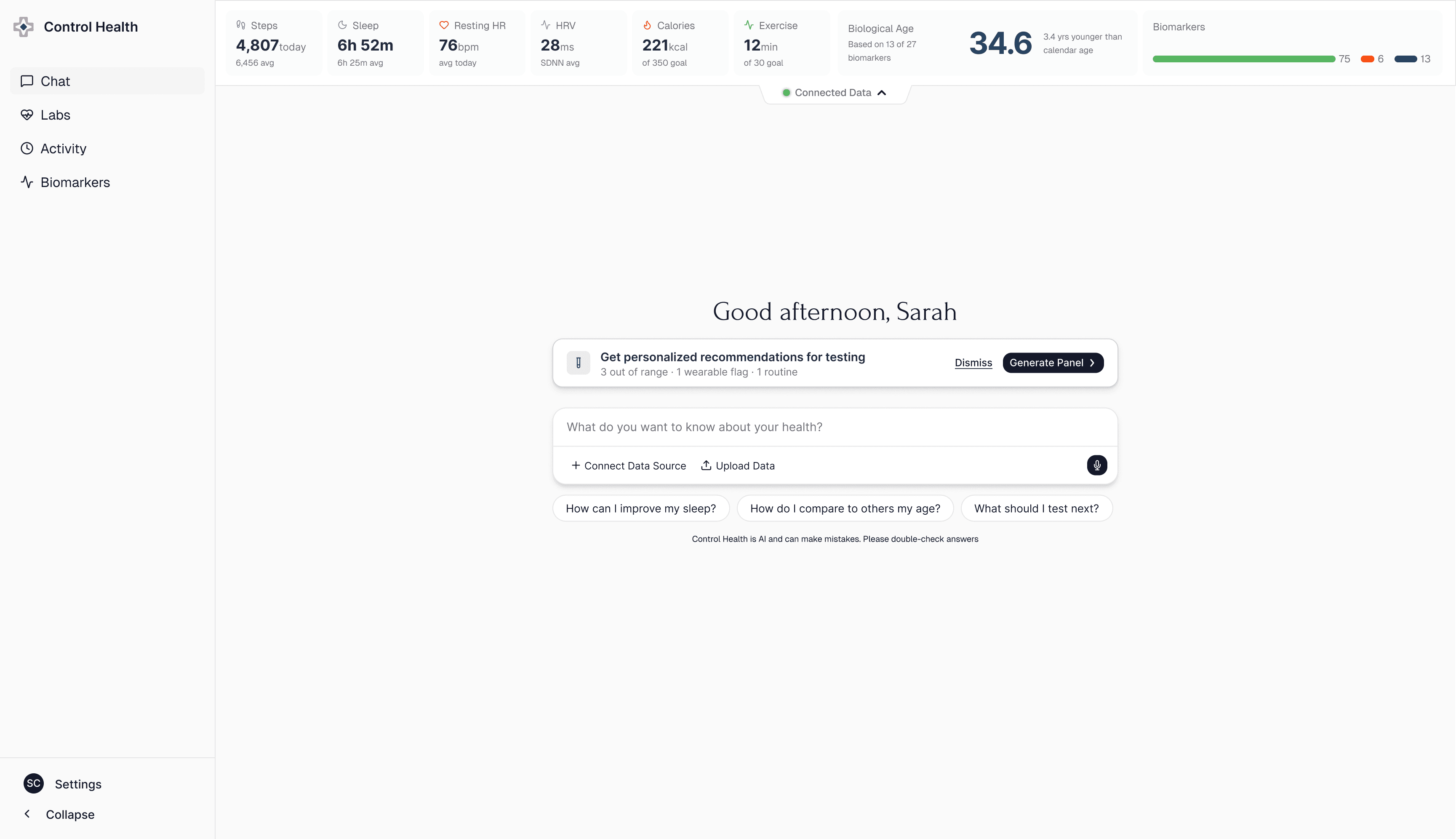 Control Health dashboard: connected-data band over the plain-language chat home
