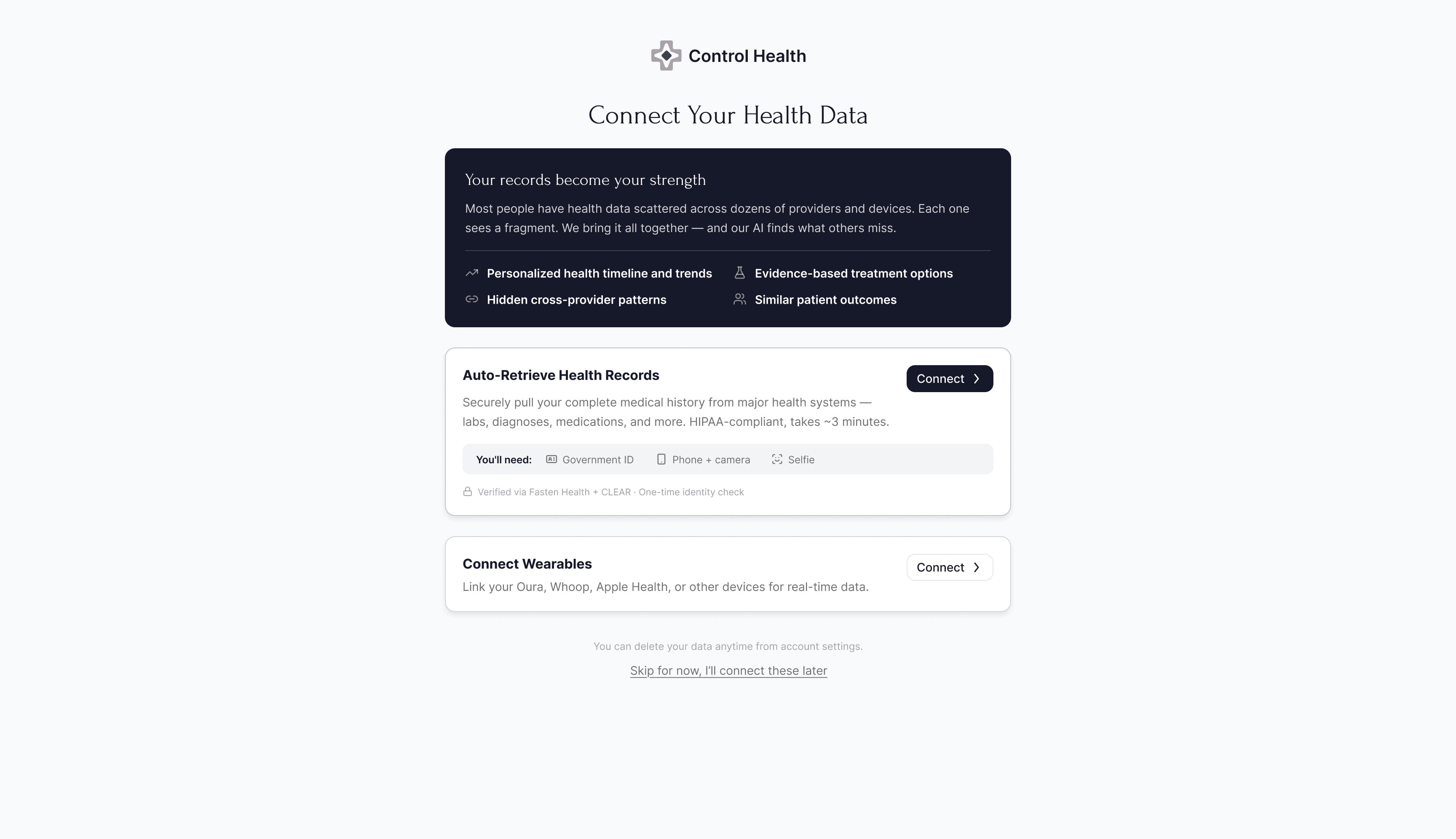 Onboarding: connect health records and wearables, value shown first