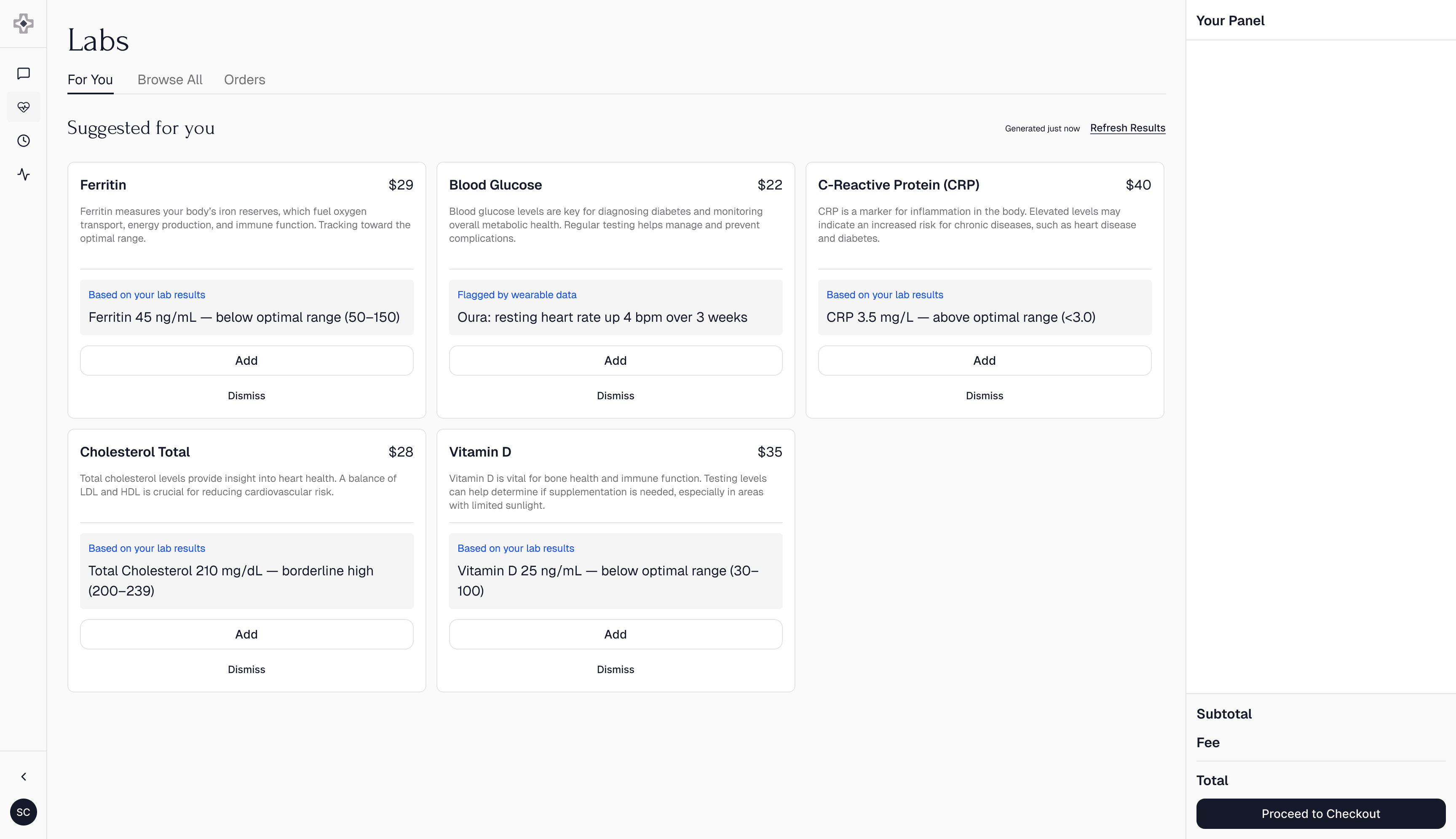 Personalized lab panel with a specific reason shown under each biomarker