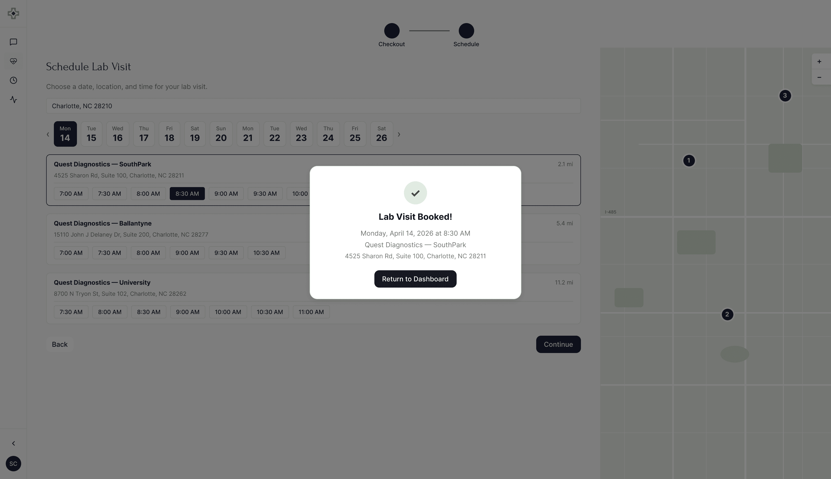 Scheduling a lab visit with a booked-visit confirmation