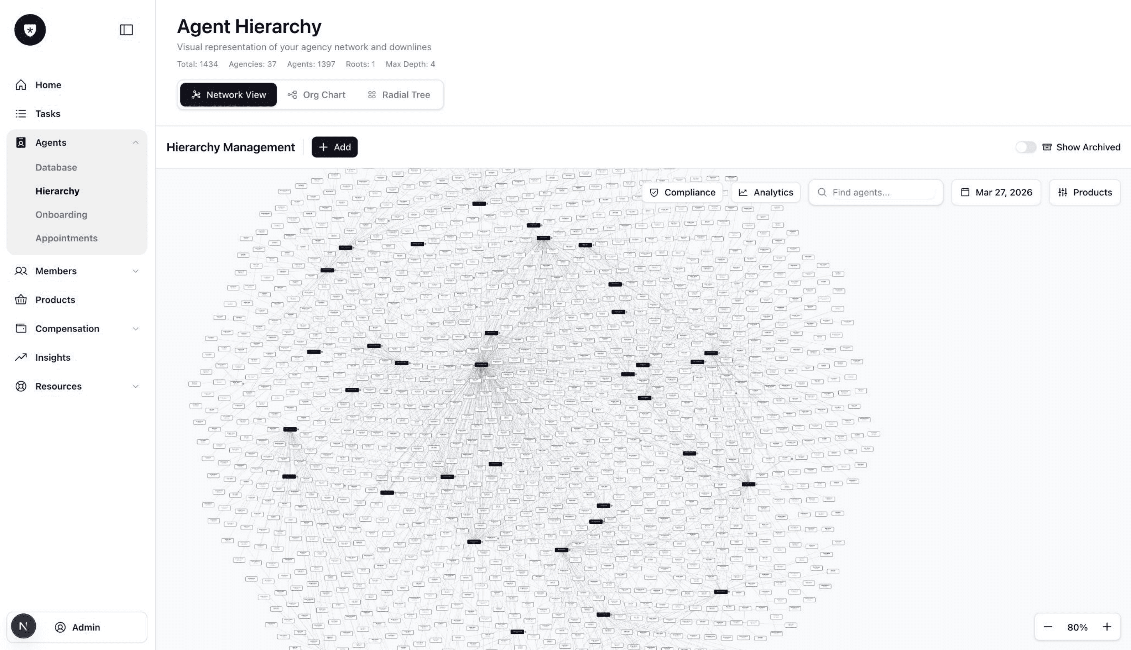 Force-directed network view of 1,000+ agents, rendering as a dense hairball.