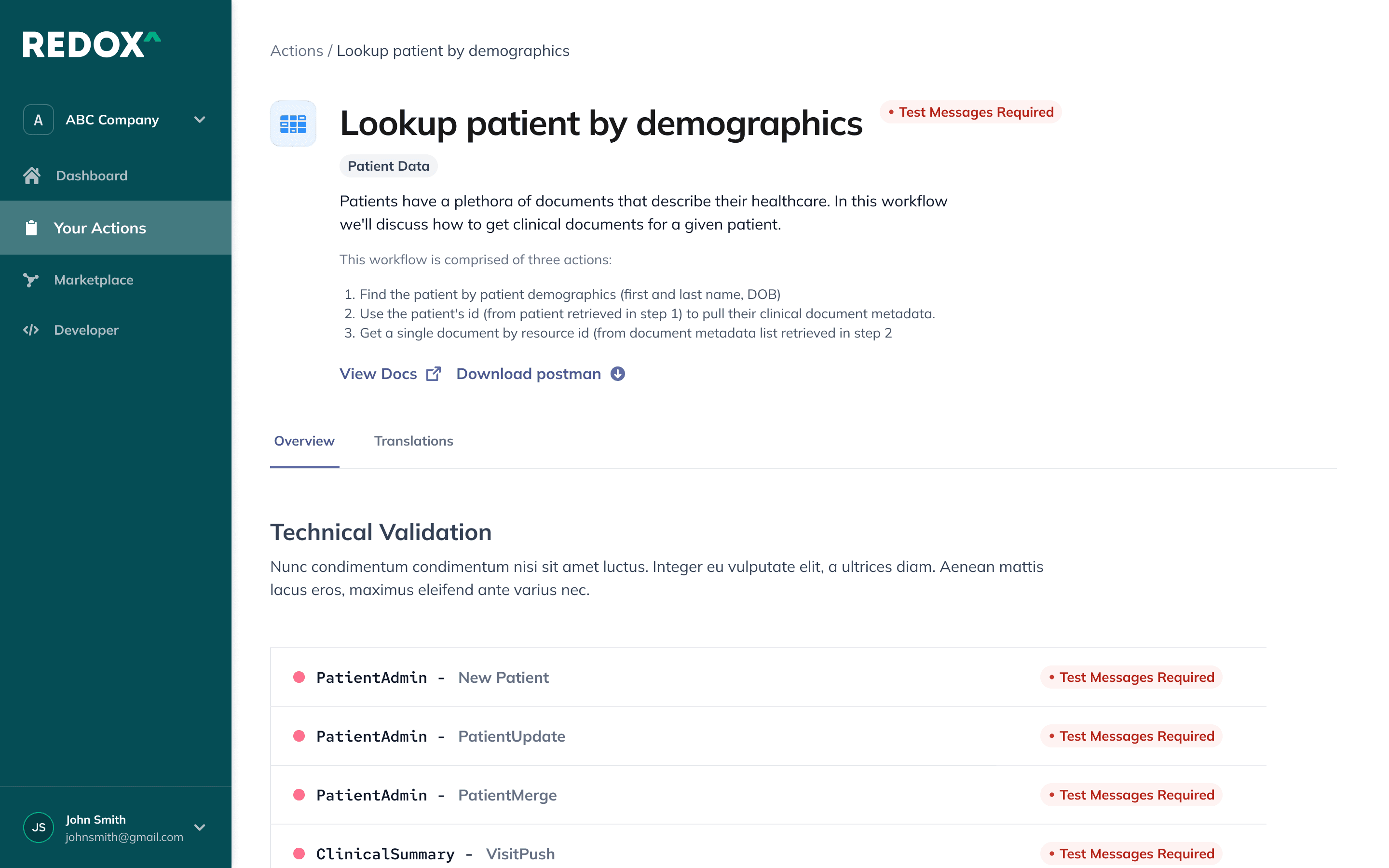 Action detail view with inline documentation and test tools