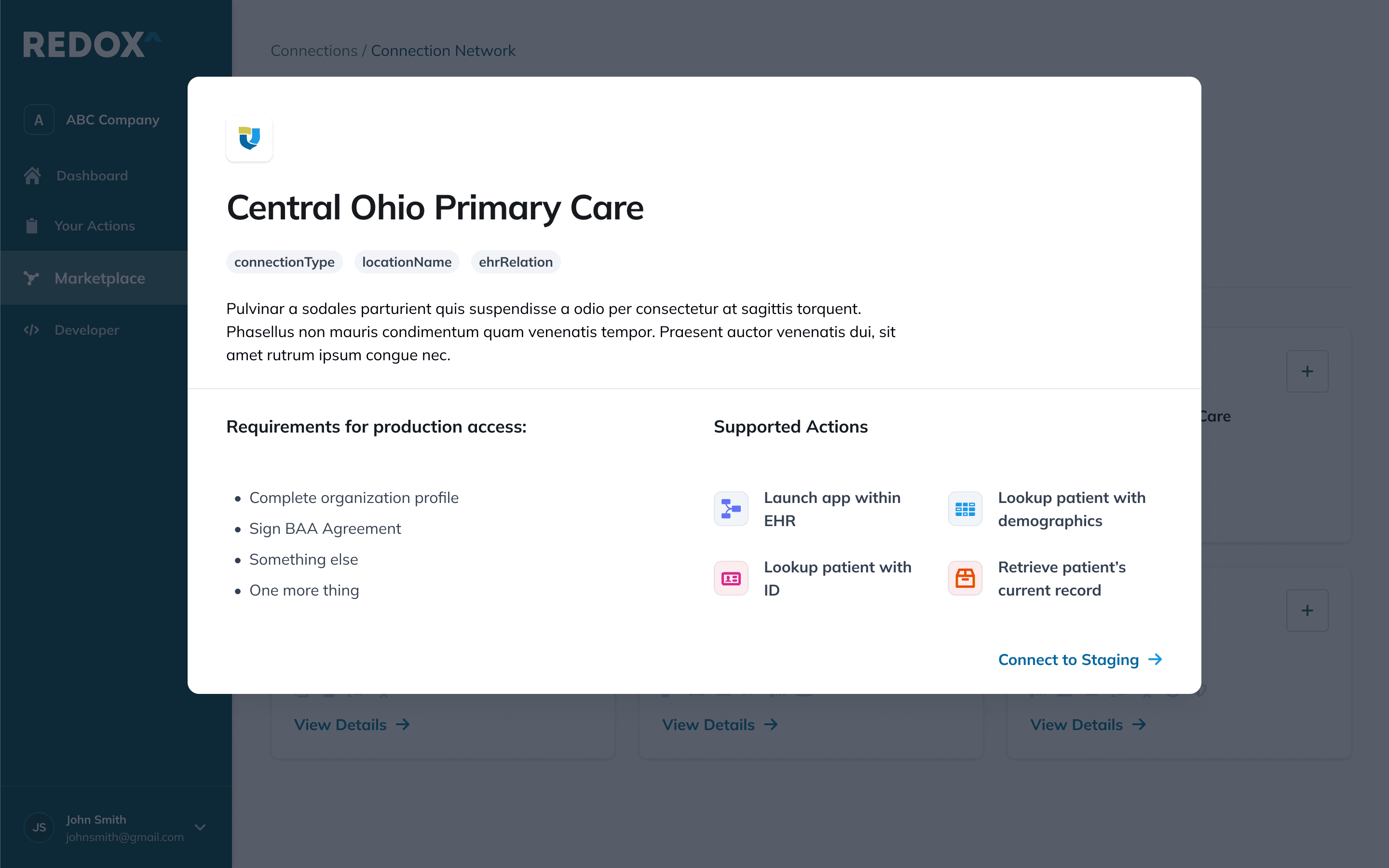 Connection preview showing an organization's requirements