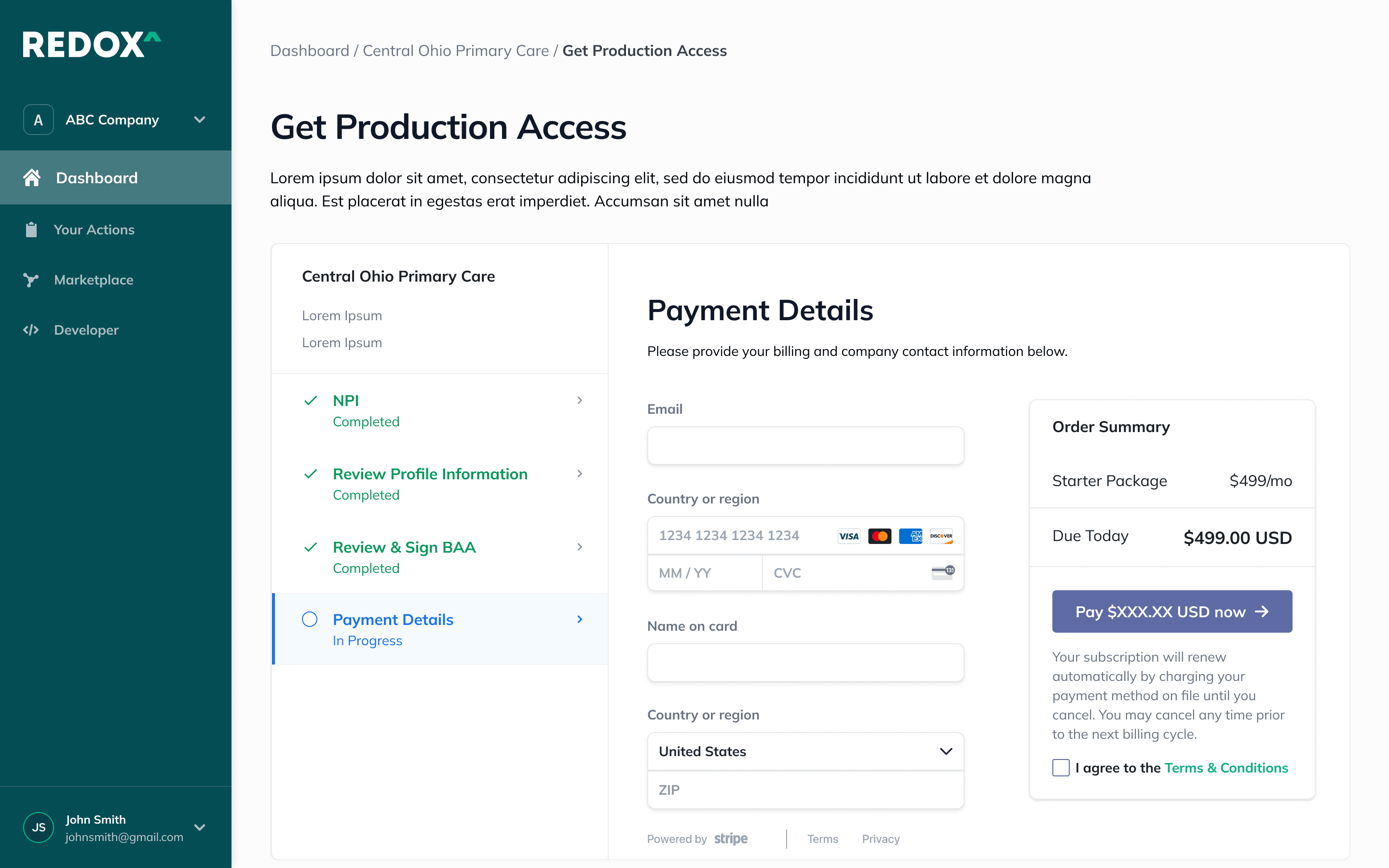 Dashboard with agreements and billing in one flow