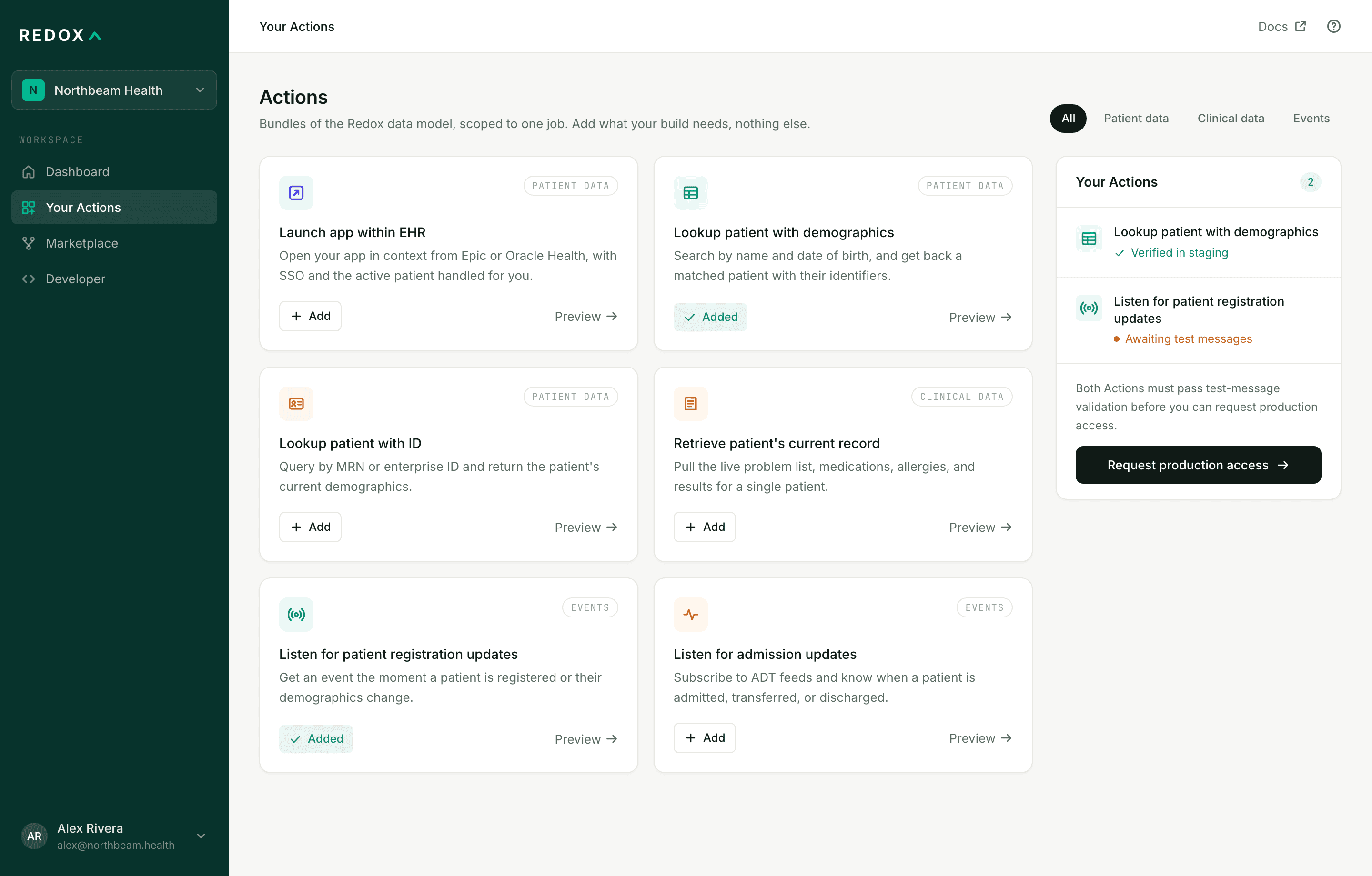 Redox Actions: a grid of available Actions with an added state and a Your Actions rail tracking staging validation