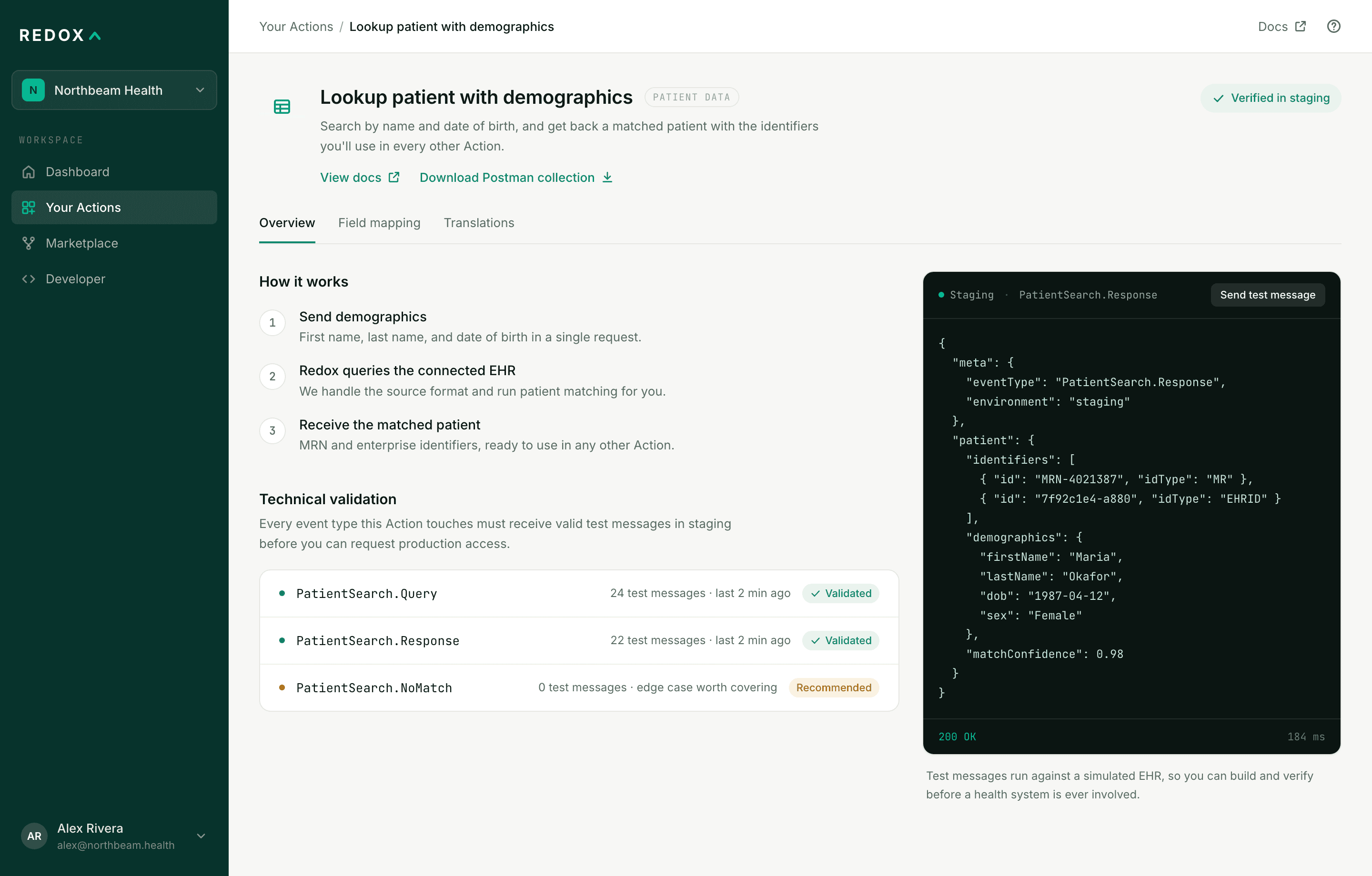 Action detail with workflow steps, technical validation statuses, and an inline test-message panel showing a live JSON response