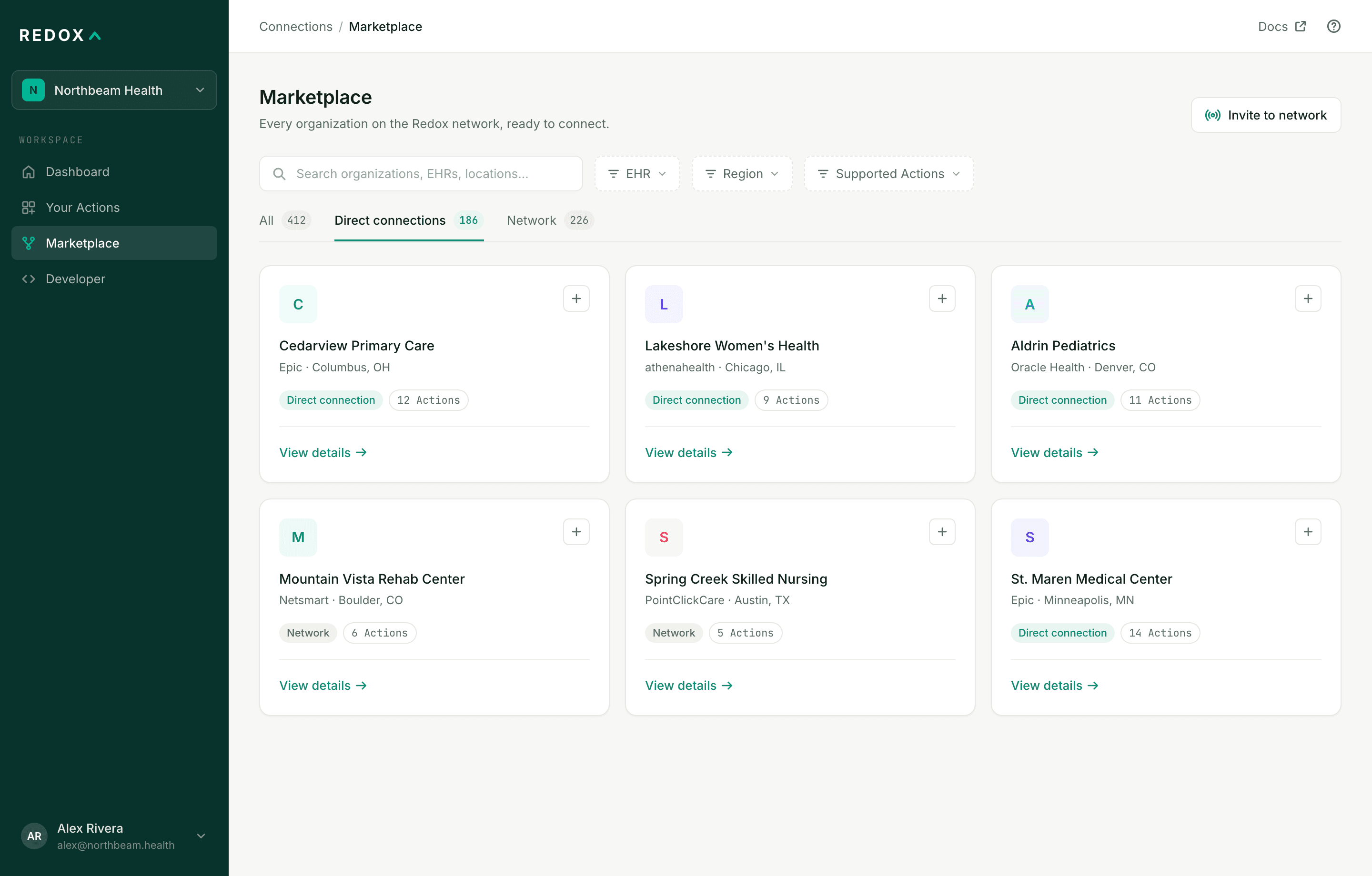 Marketplace of healthcare organizations on the Redox network, filterable by EHR, region, and supported Actions
