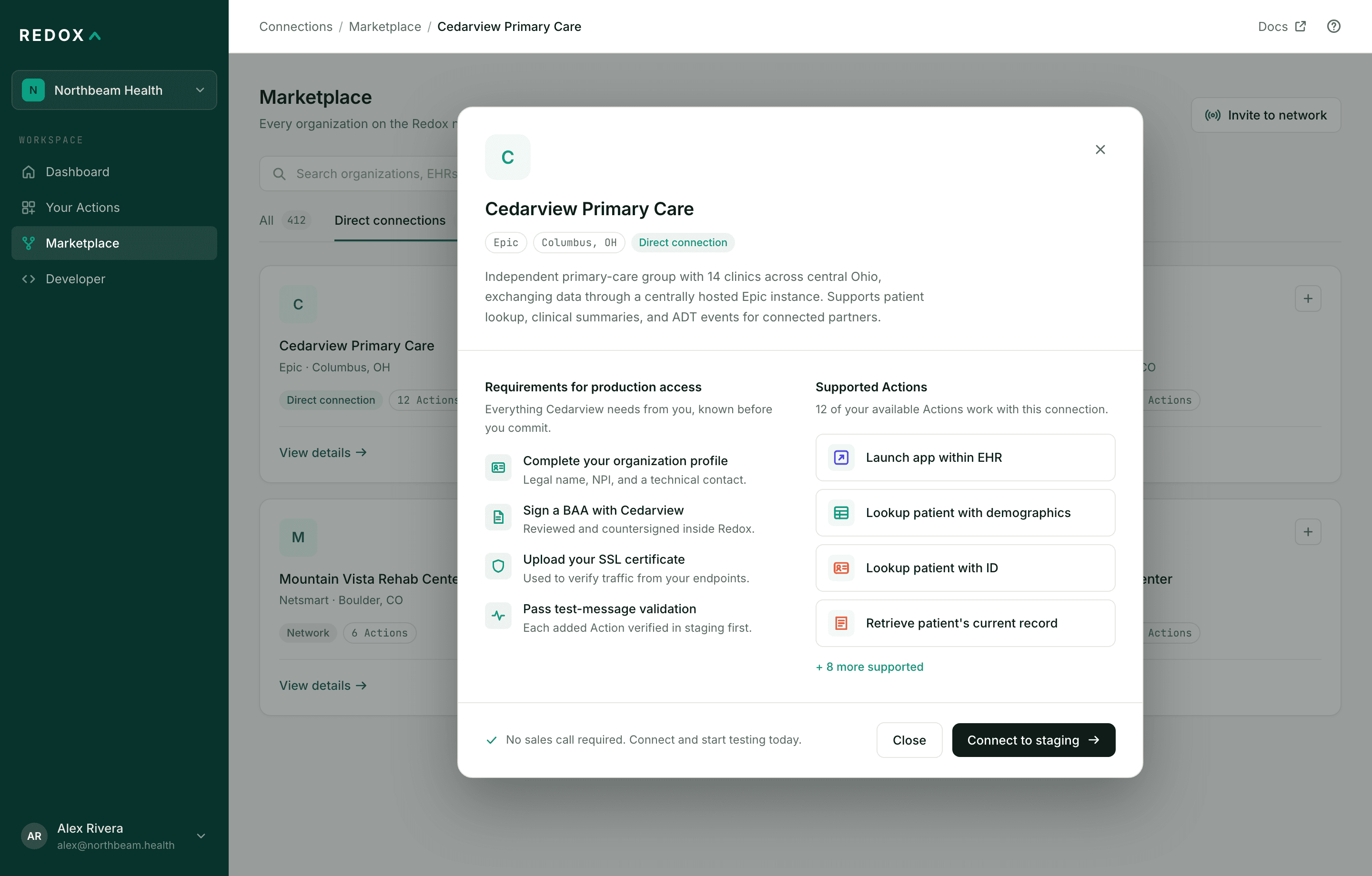 Connection preview showing an organization's production requirements and supported Actions before connecting
