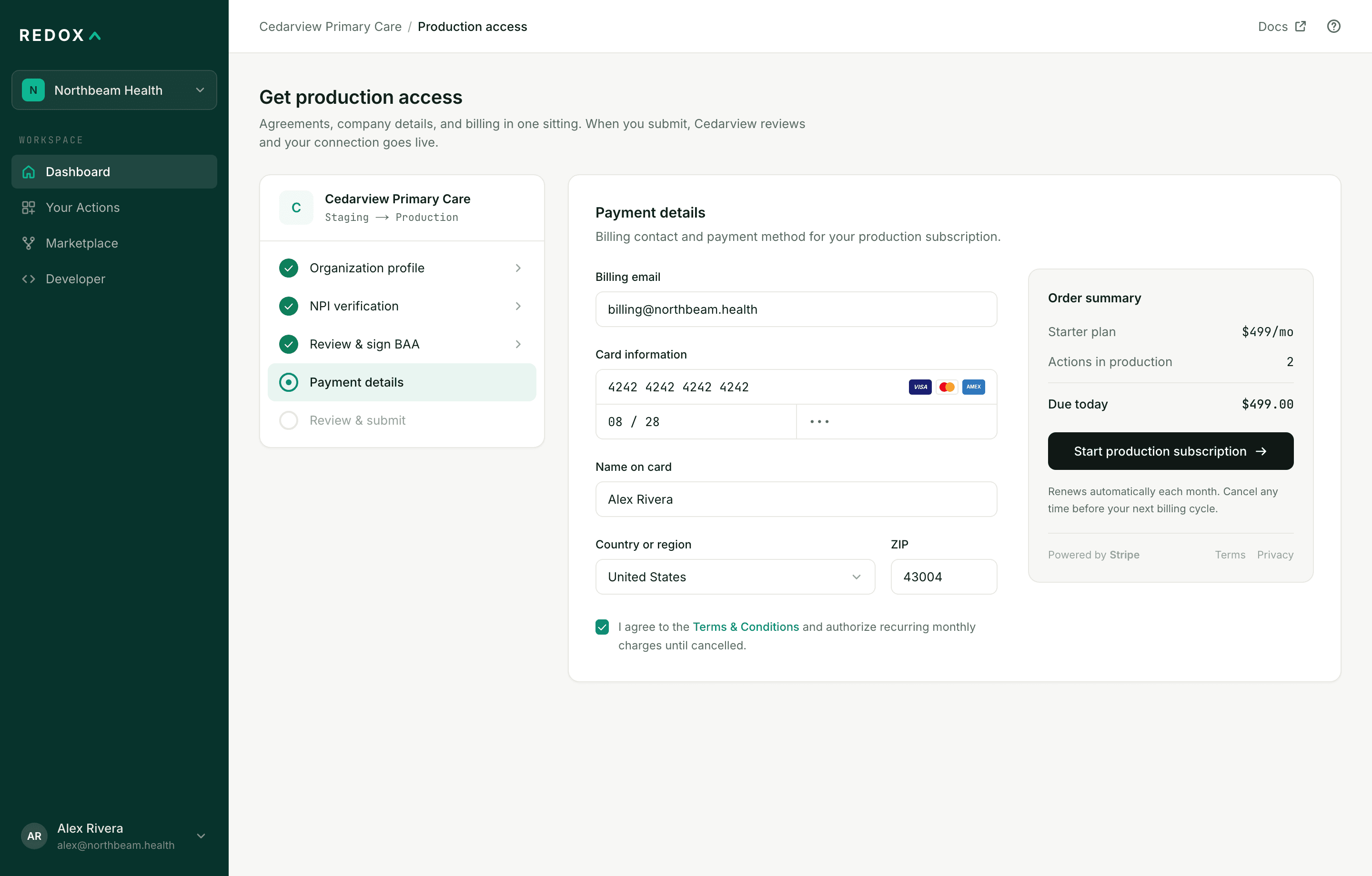 Production access flow: profile, NPI, and BAA steps complete, with payment details and an order summary in one screen